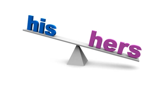 The words his and hers on opposite ends of a balance beam symbolizing prenups