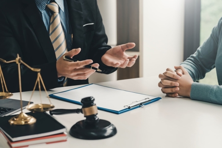 attorney talking to client