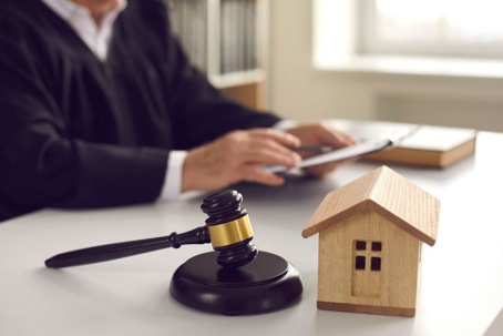 Brown gavel on sound block and small wooden house model on judge's table in courtroom